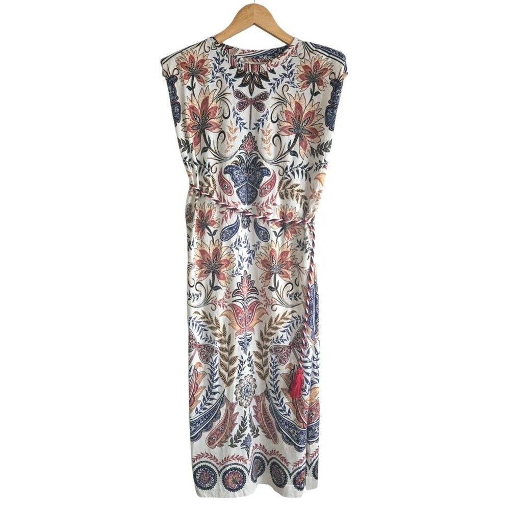 Farm Rio Paisley Print Midi Dress Medium Belted Tassel Side Slits 100% Cotton